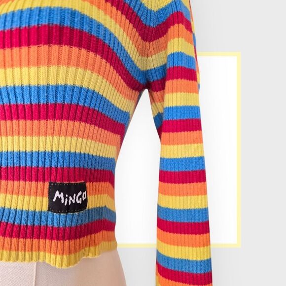 Minga London Rainbow Mock Neck Striped Ribbed Cropped Sweater - Picture 6 of 8